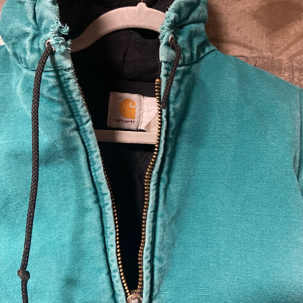 Vintage Carhartt Men’s faded Teal Distressed Hooded Work Jacket XL - Picture 3 of 12